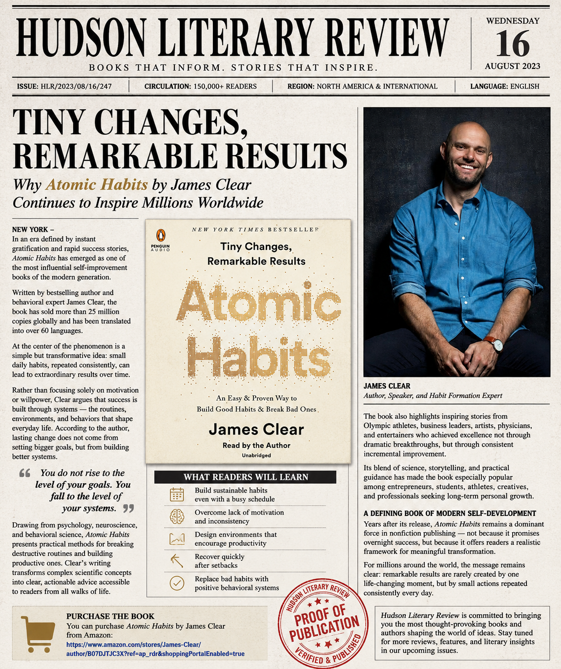Hudson Literary Review front page — Tiny Changes, Remarkable Results: Why Atomic Habits by James Clear Continues to Inspire Millions Worldwide